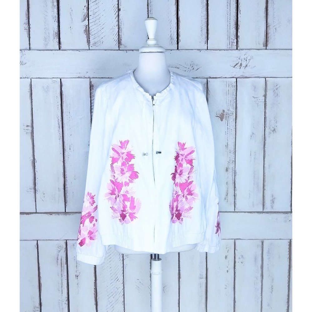 INC white linen pink embroidered floral slouchy bomber jacket